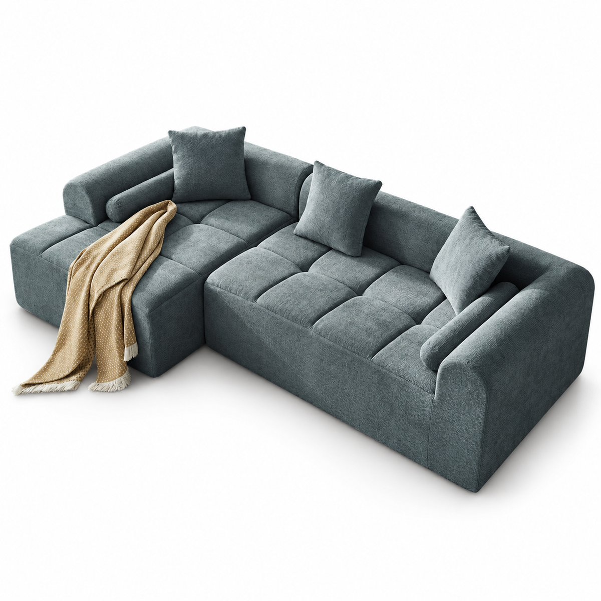 Canapé d’angle en chenille bleu gris, vue sur fond blanc