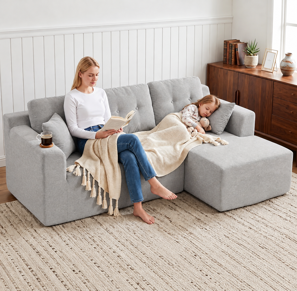 Canapé d’angle en tissu gris, assise utilisée dans un salon