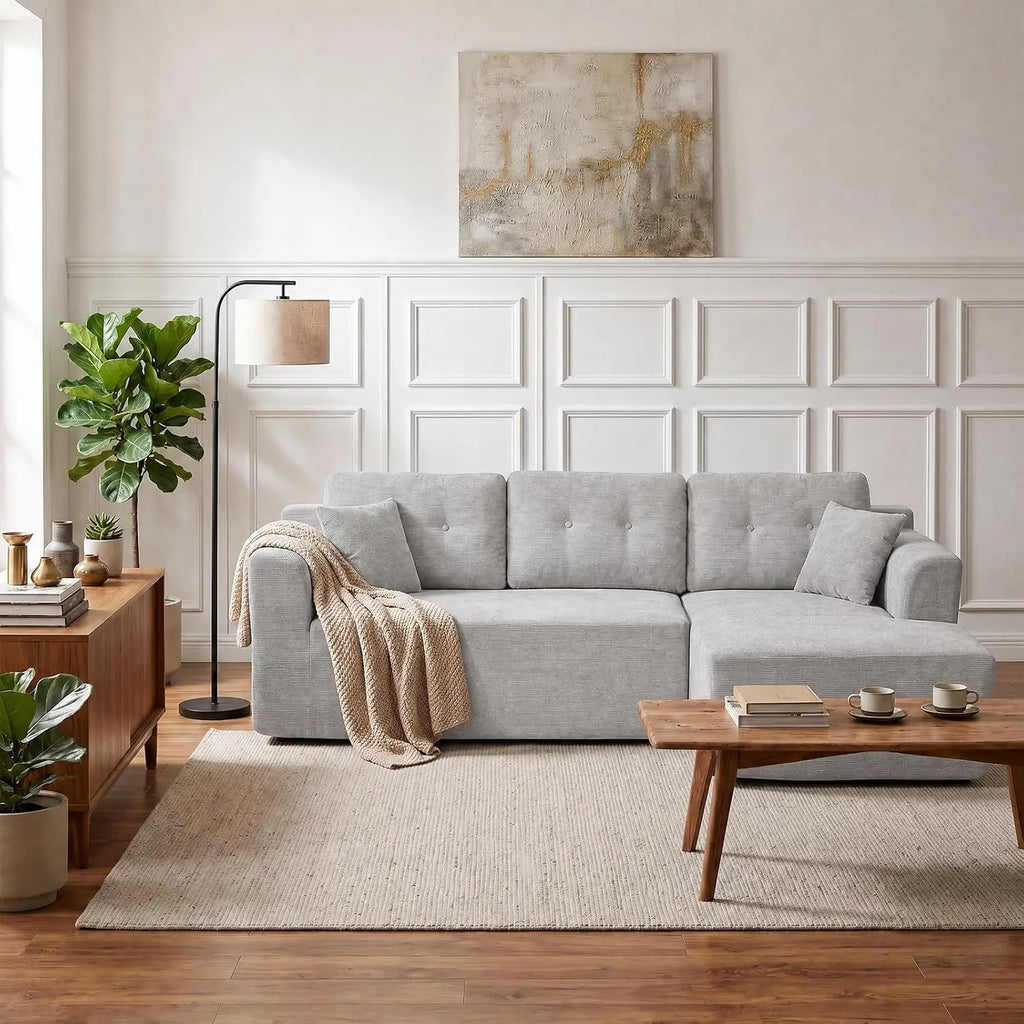 Canapé d’angle en tissu gris, autre vue dans le salon