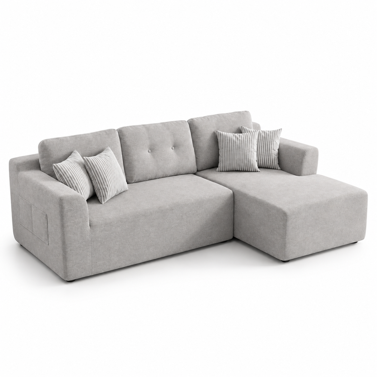 Canapé d’angle en tissu gris, vue sur fond blanc