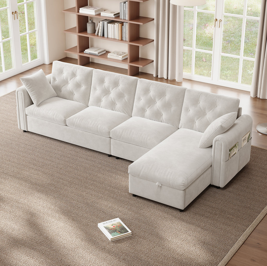 Canapé d’angle en velours beige capitonné avec rangement, autre disposition de la méridienne