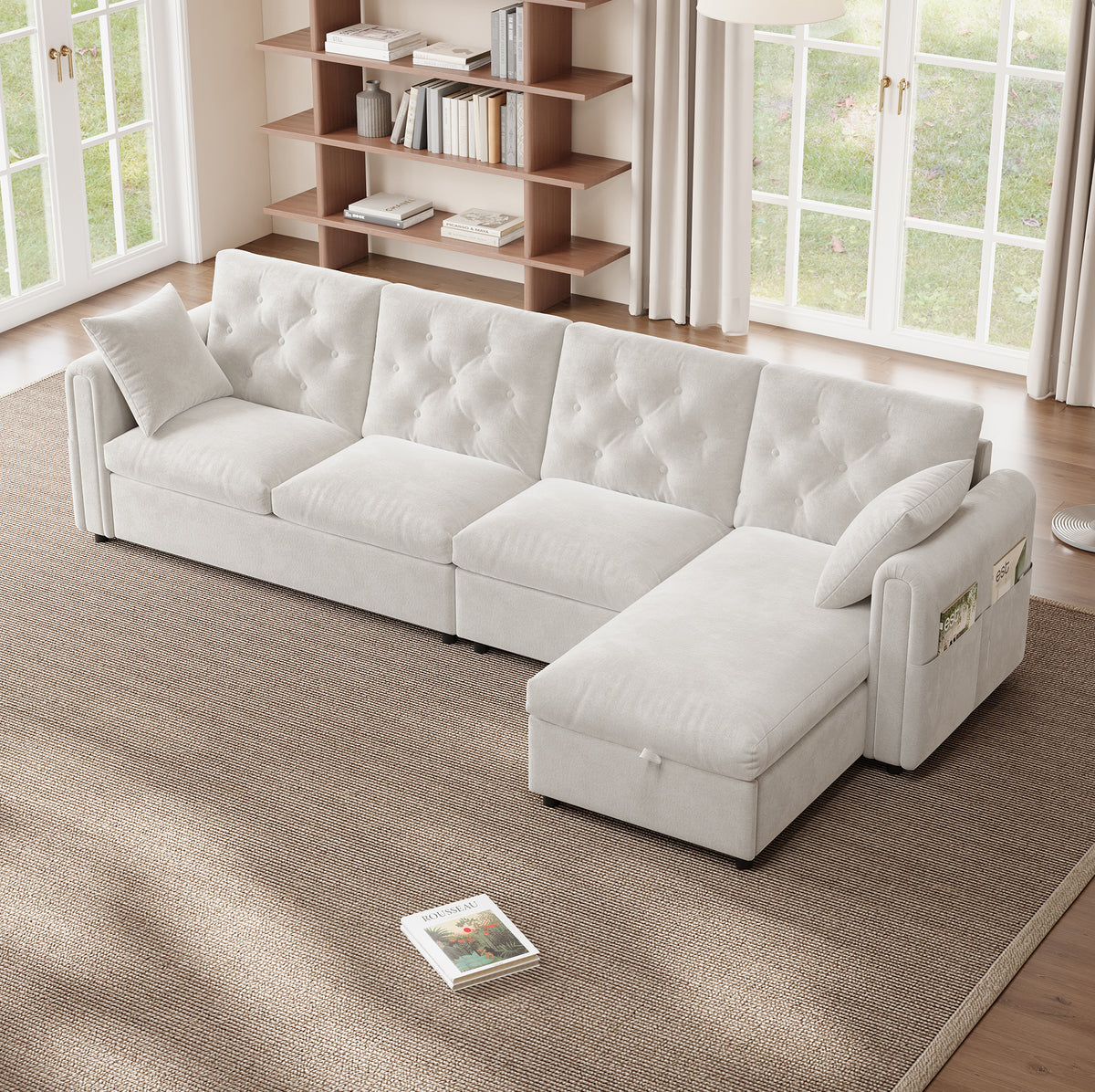 Canapé d’angle en velours beige capitonné avec rangement, autre disposition de la méridienne
