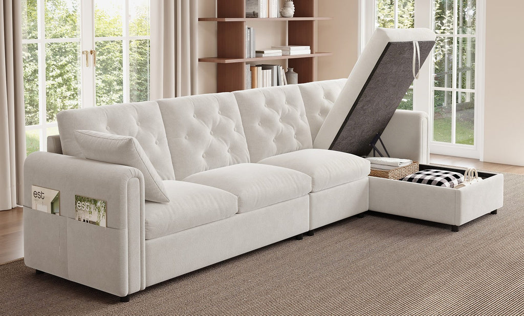 Canapé d’angle en velours beige capitonné avec rangement, rangement ouvert dans l’autre disposition