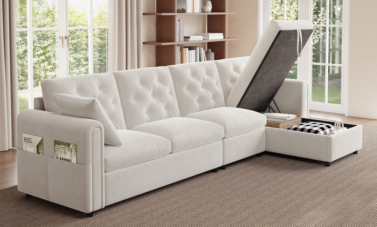 Canapé d’angle en velours beige capitonné avec rangement, rangement ouvert dans l’autre disposition