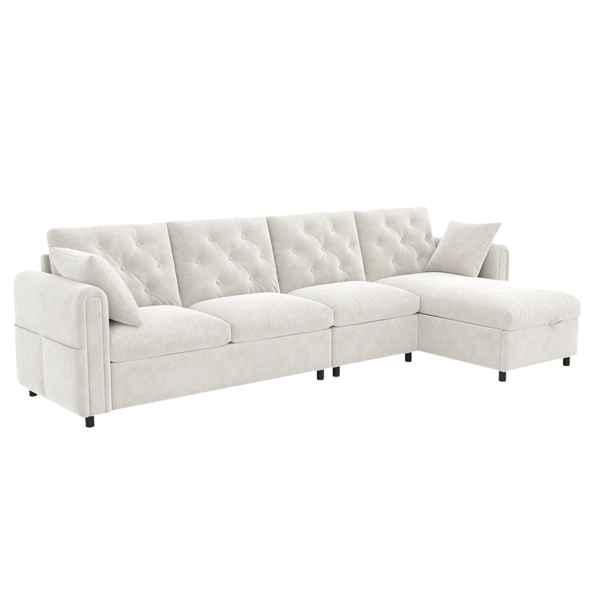 Canapé d’angle en velours beige capitonné avec rangement, sur fond blanc