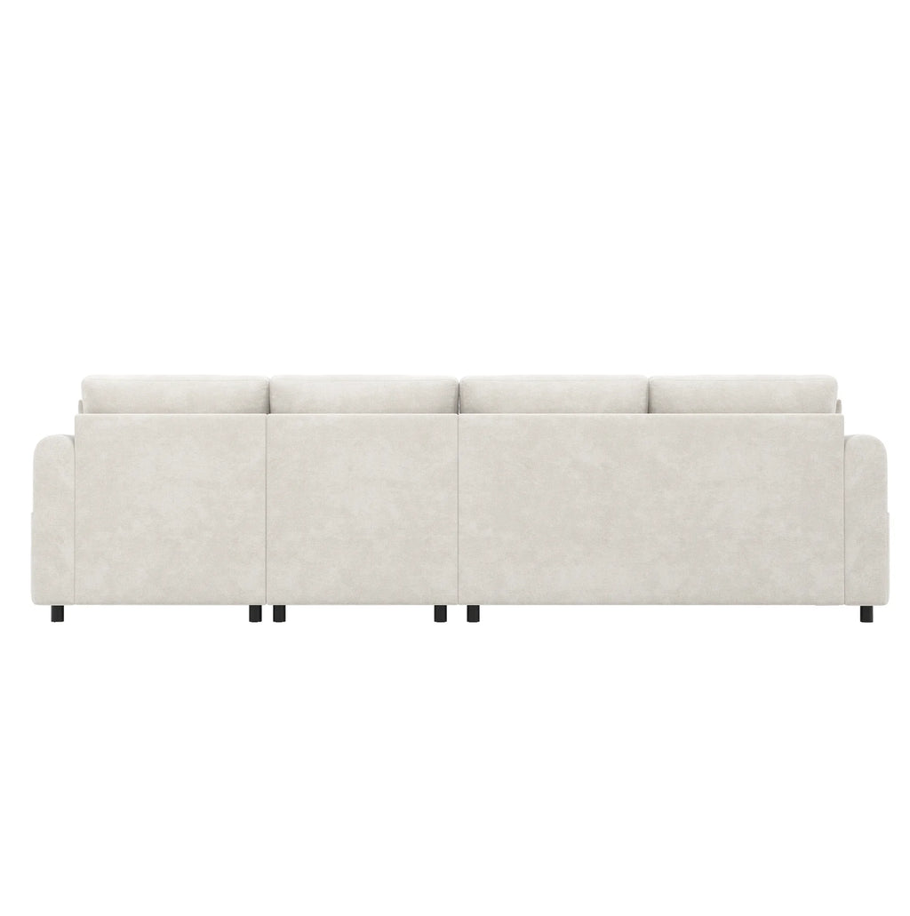 Canapé d’angle en velours beige capitonné avec rangement, vue arrière