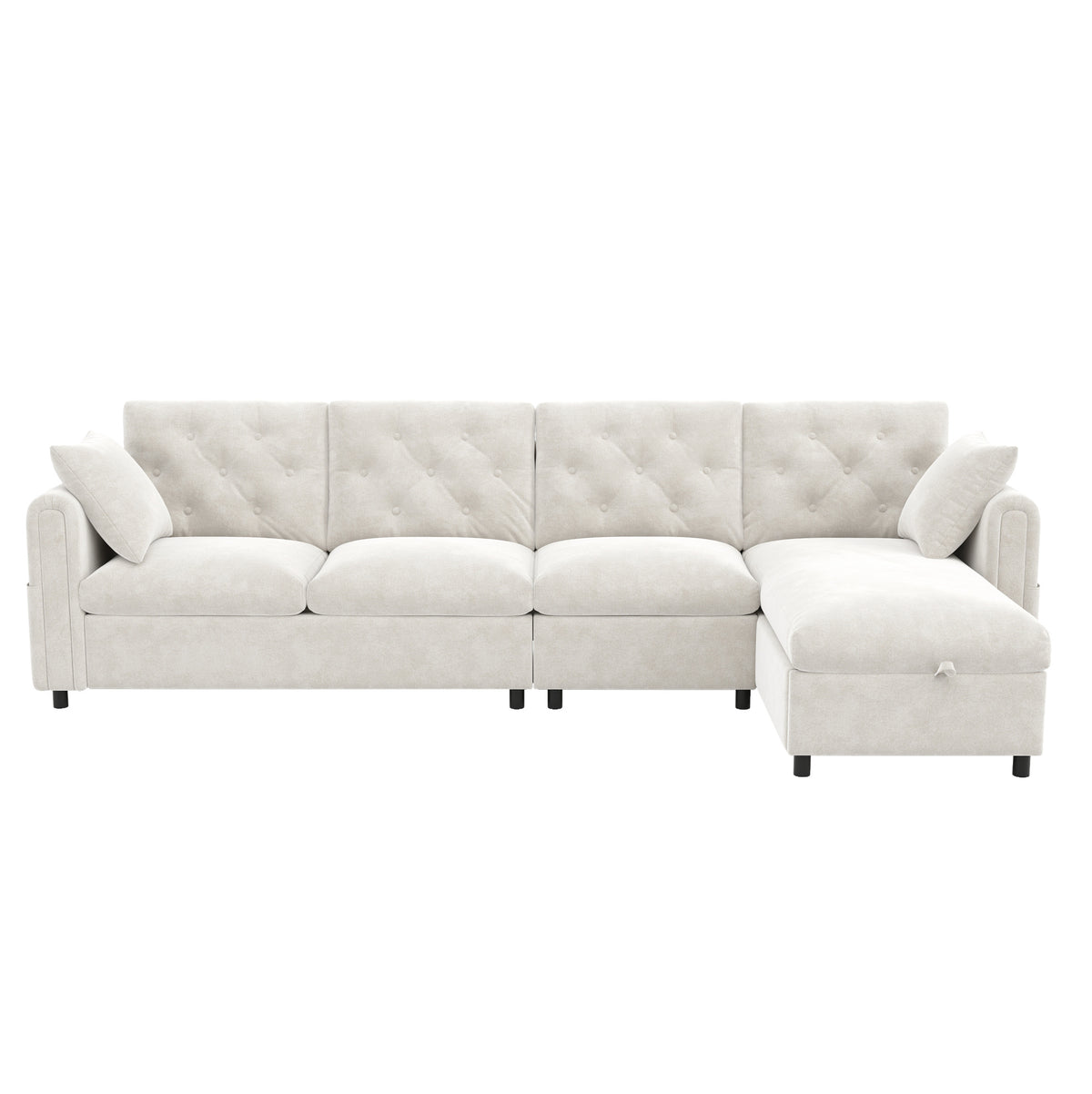 Canapé d’angle en velours beige capitonné avec rangement, vue de face sur fond blanc
