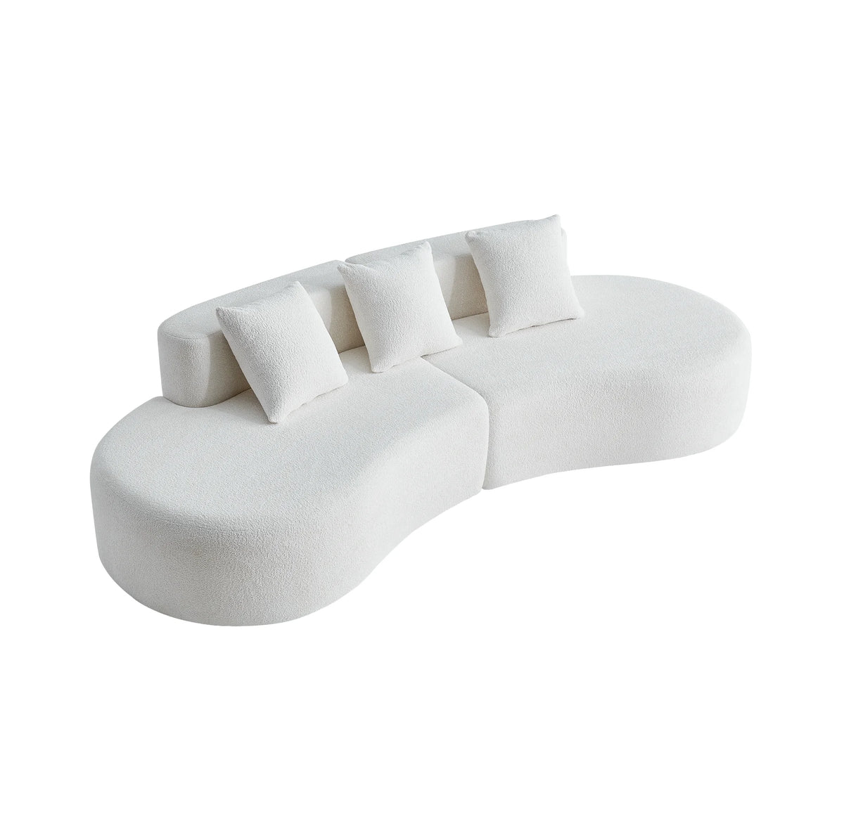 Canapé d’angle incurvé crème en tissu bouclé, trois quarts sur fond blanc