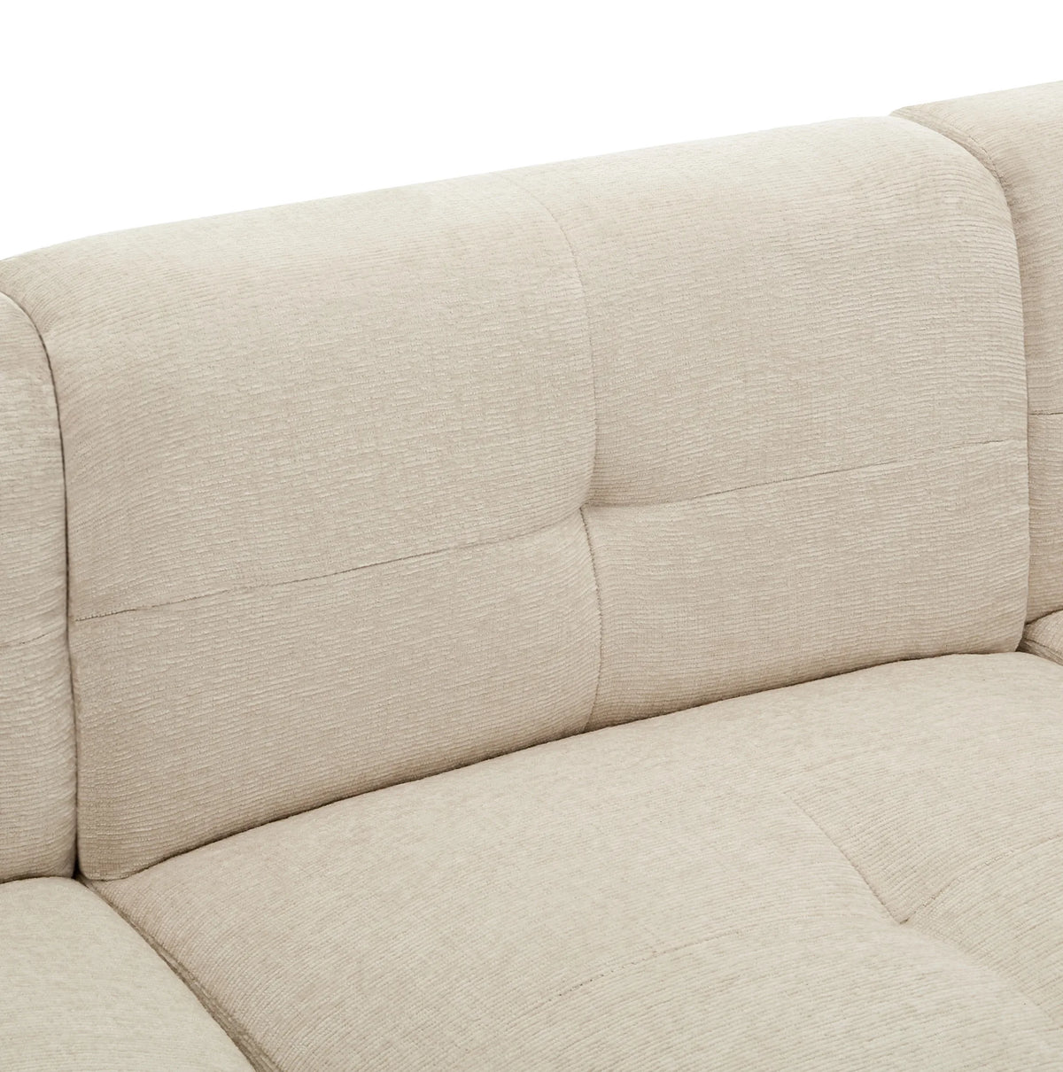 Canapé d’angle modulable beige avec repose-pieds, détail du dossier