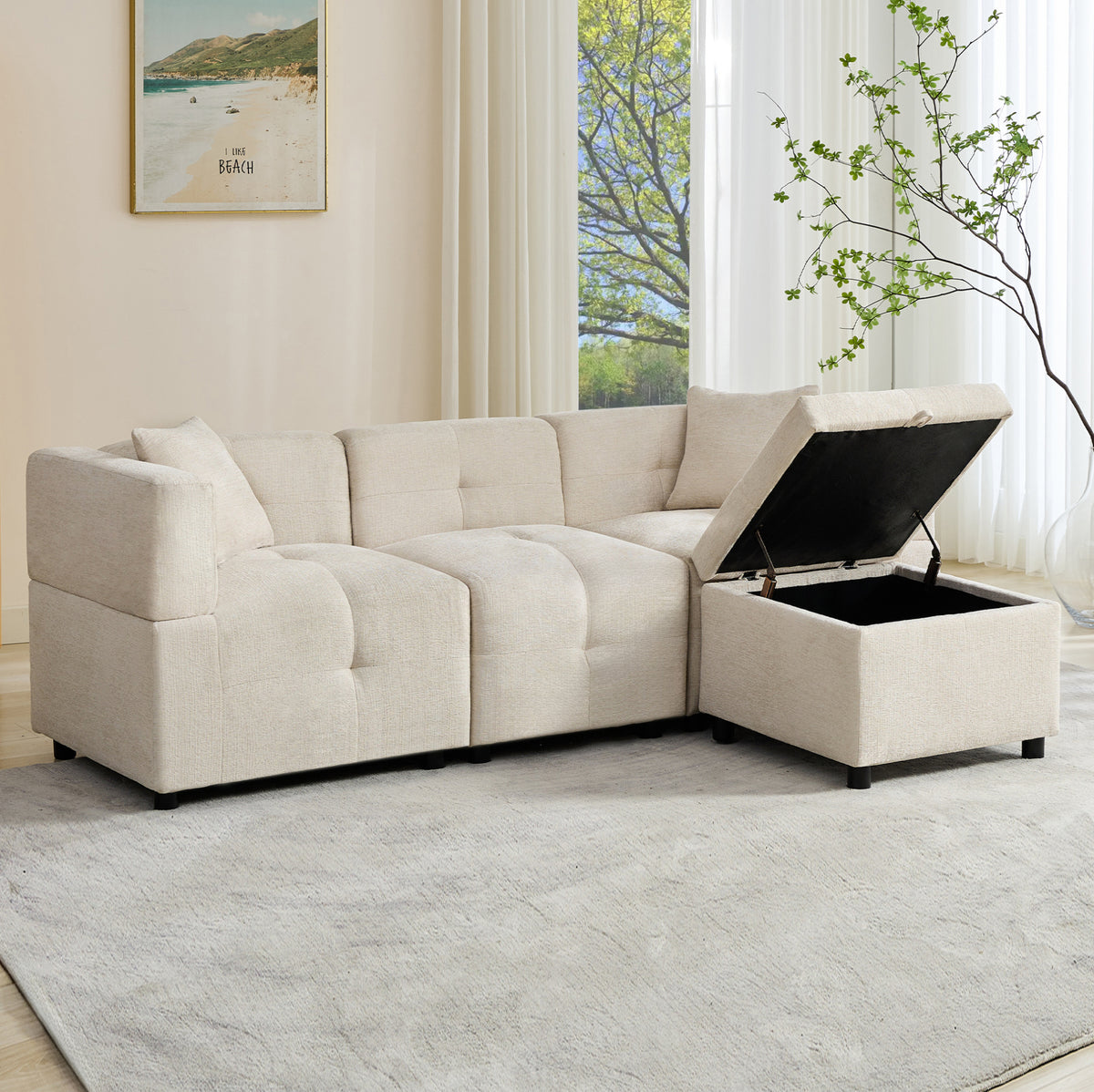 Canapé d’angle modulable beige avec repose-pieds, rangement du repose-pieds ouvert