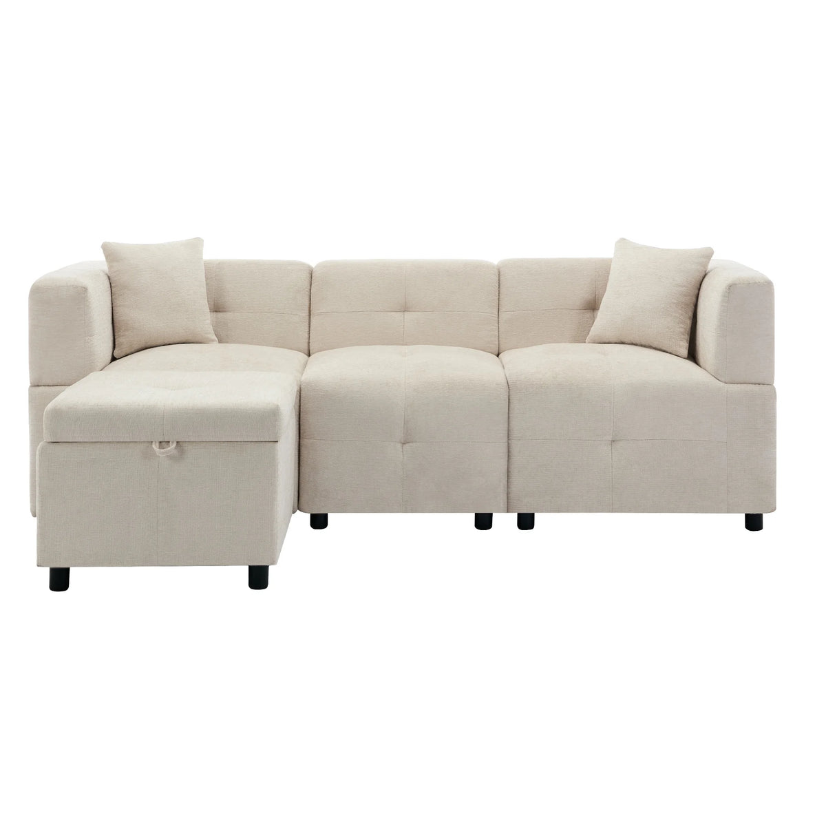 Canapé d’angle modulable beige avec repose-pieds, repose-pieds placé de l’autre côté