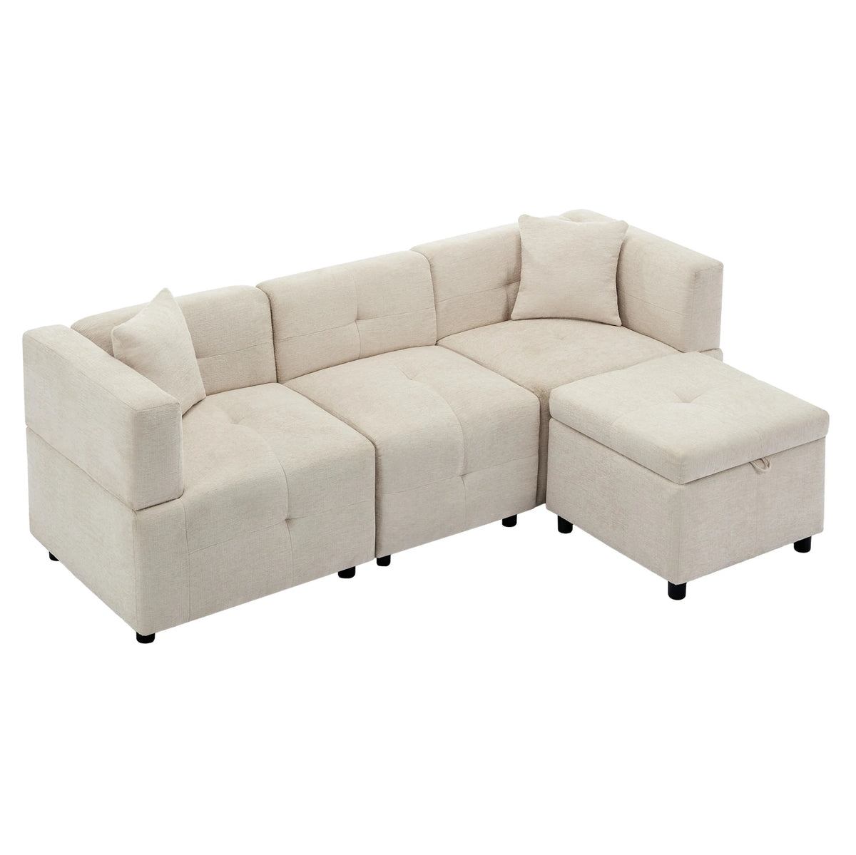 Canapé d’angle modulable beige avec repose-pieds, trois quarts sur fond blanc