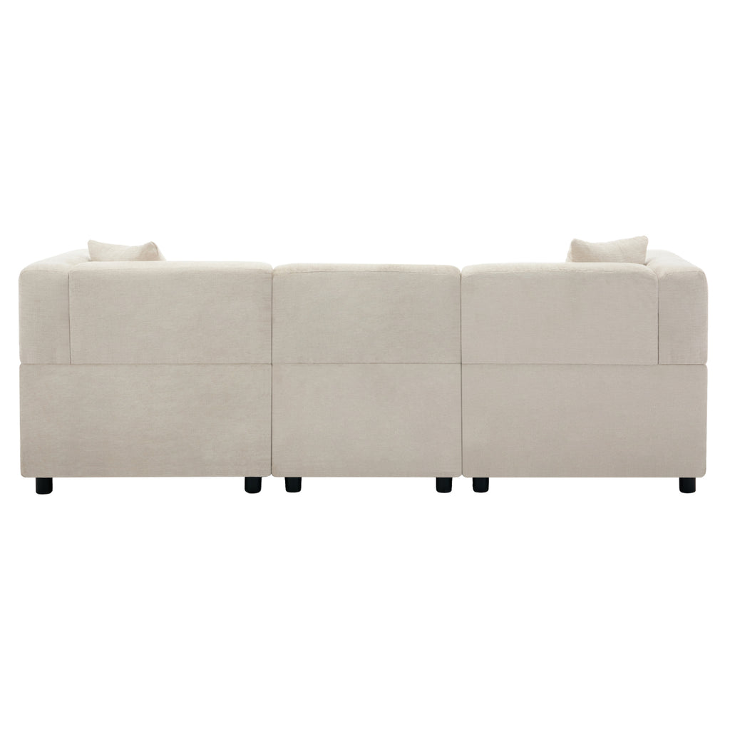 Canapé d’angle modulable beige avec repose-pieds, vue arrière
