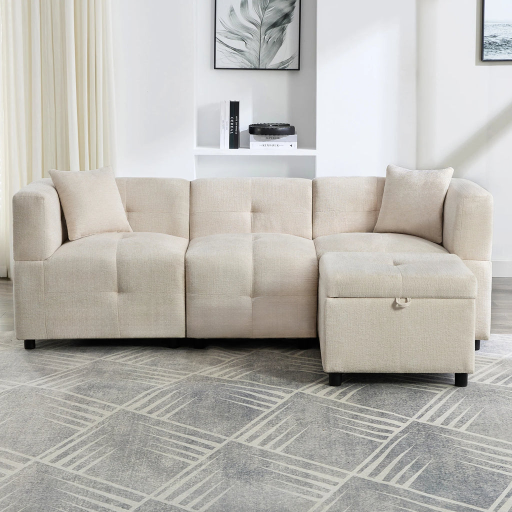 Canapé d’angle modulable beige avec repose-pieds, vue de face en situation