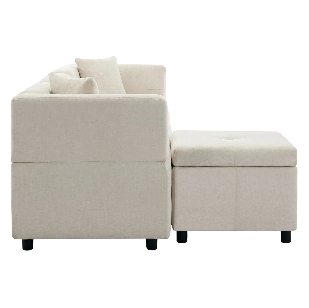 Canapé d’angle modulable beige avec repose-pieds, vue de profil