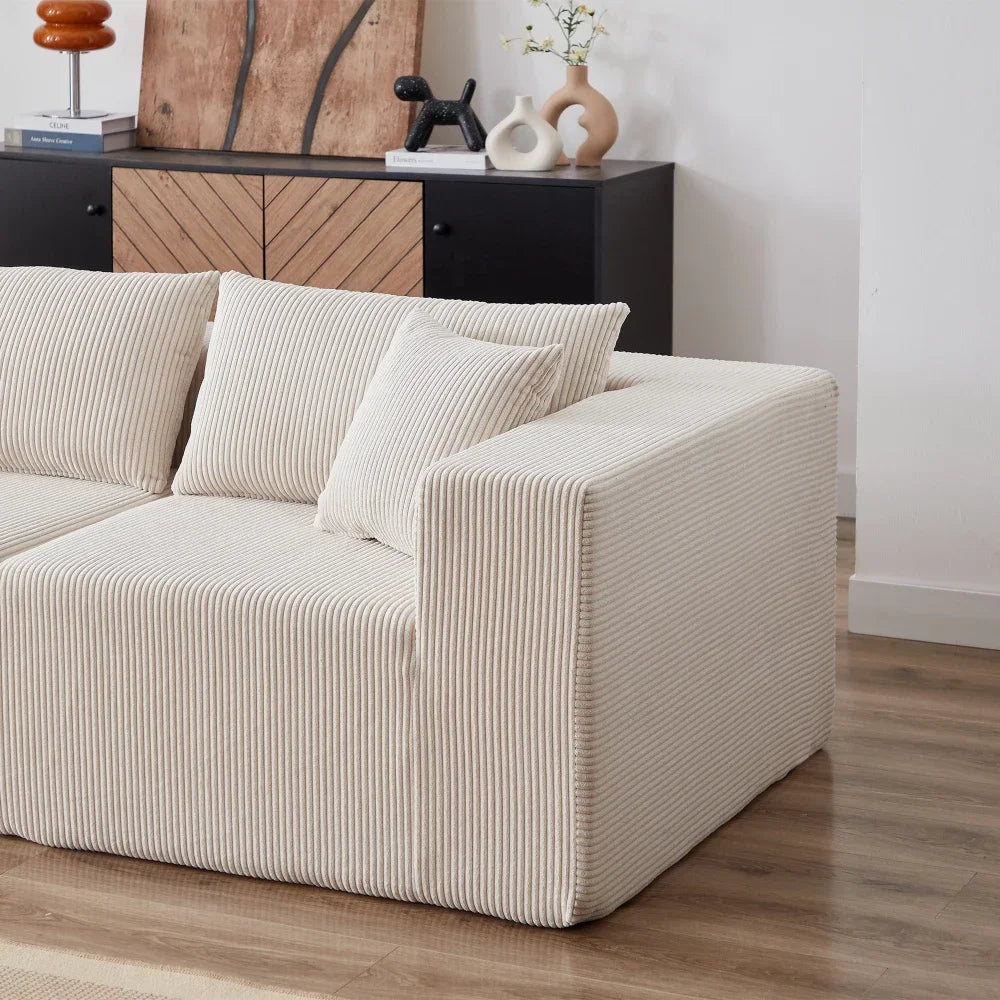 Canapé d’angle modulaire en tissu côtelé de 264 cm, beige, détail de l’accoudoir