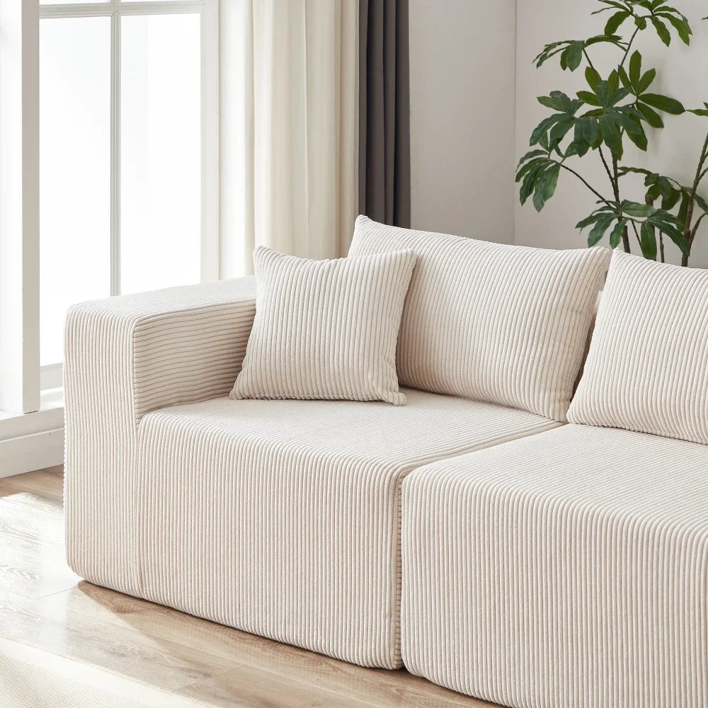 Canapé d’angle modulaire en tissu côtelé de 264 cm, beige, détail du tissu côtelé