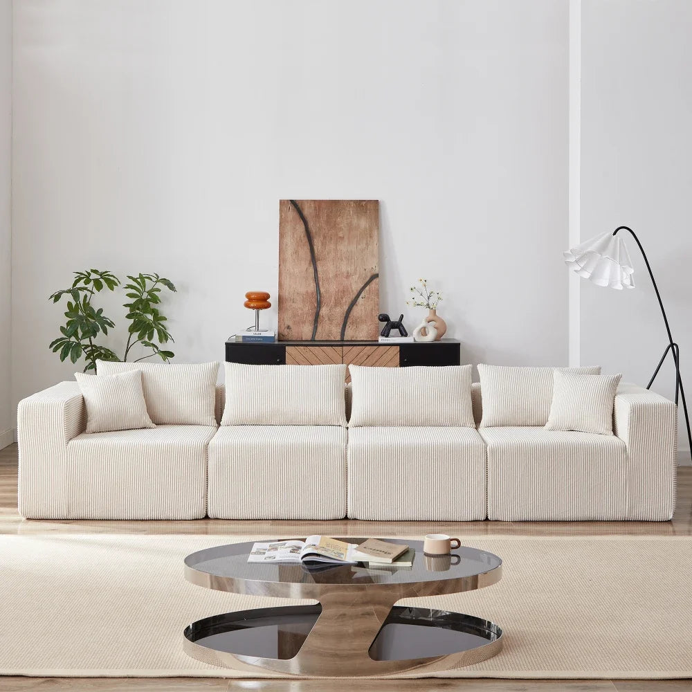 Canapé d’angle modulaire en tissu côtelé de 264 cm, beige, disposition droite