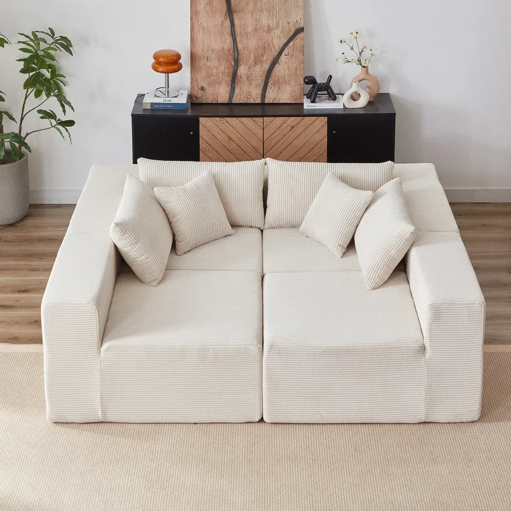 Canapé d’angle modulaire en tissu côtelé de 264 cm, beige, disposition en U
