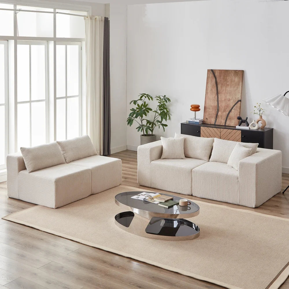 Canapé d’angle modulaire en tissu côtelé de 264 cm, beige, modules séparés