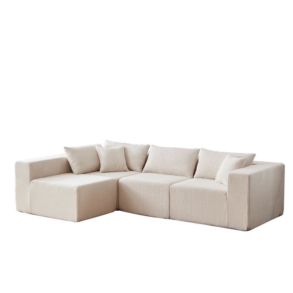 Canapé d’angle modulaire en tissu côtelé de 264 cm, beige, vue de trois quarts sur fond transparent