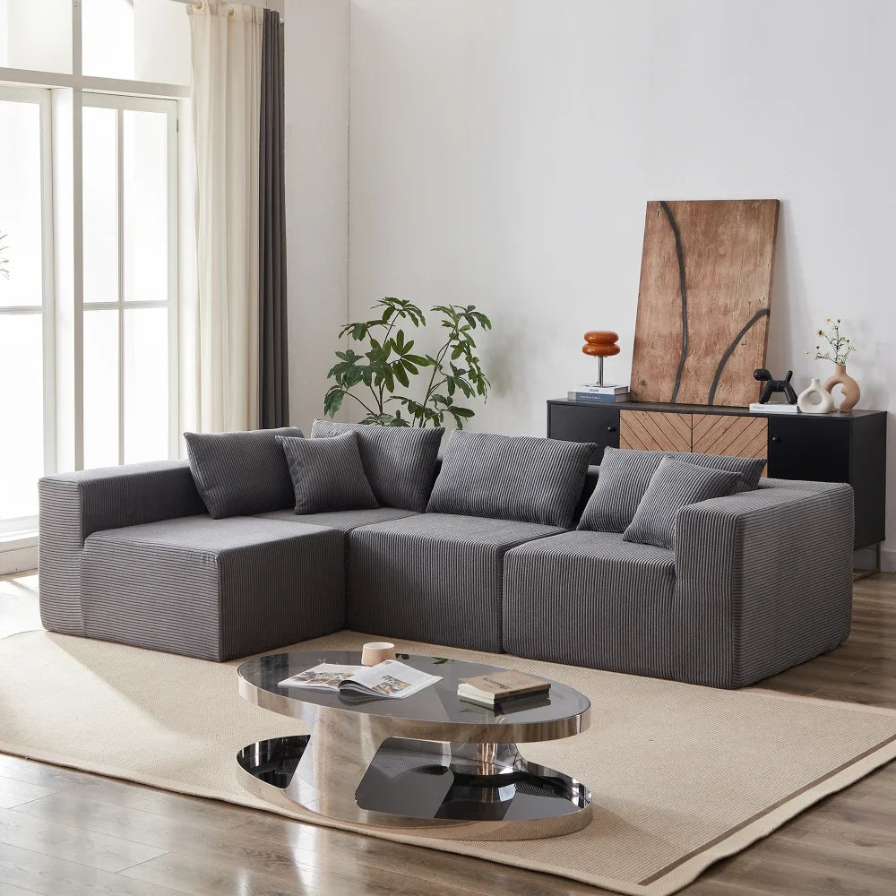 Canapé d’angle modulaire en tissu côtelé de 264 cm, gris, vue d’ensemble