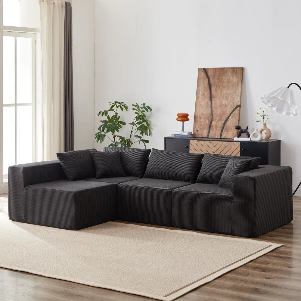 Canapé d’angle modulaire en tissu côtelé de 264 cm, noir, vue d’ensemble
