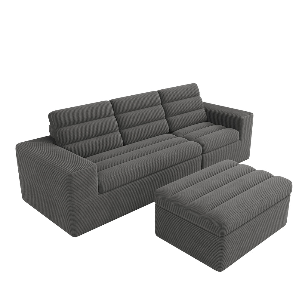 Canapé d’angle modulaire gris en velours côtelé avec pouf, canapé et pouf séparés sur fond blanc