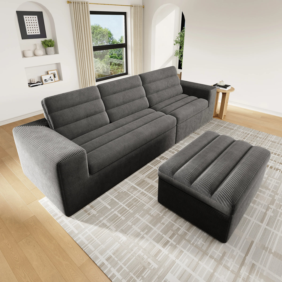 Canapé d’angle modulaire gris en velours côtelé avec pouf, pouf séparé du canapé