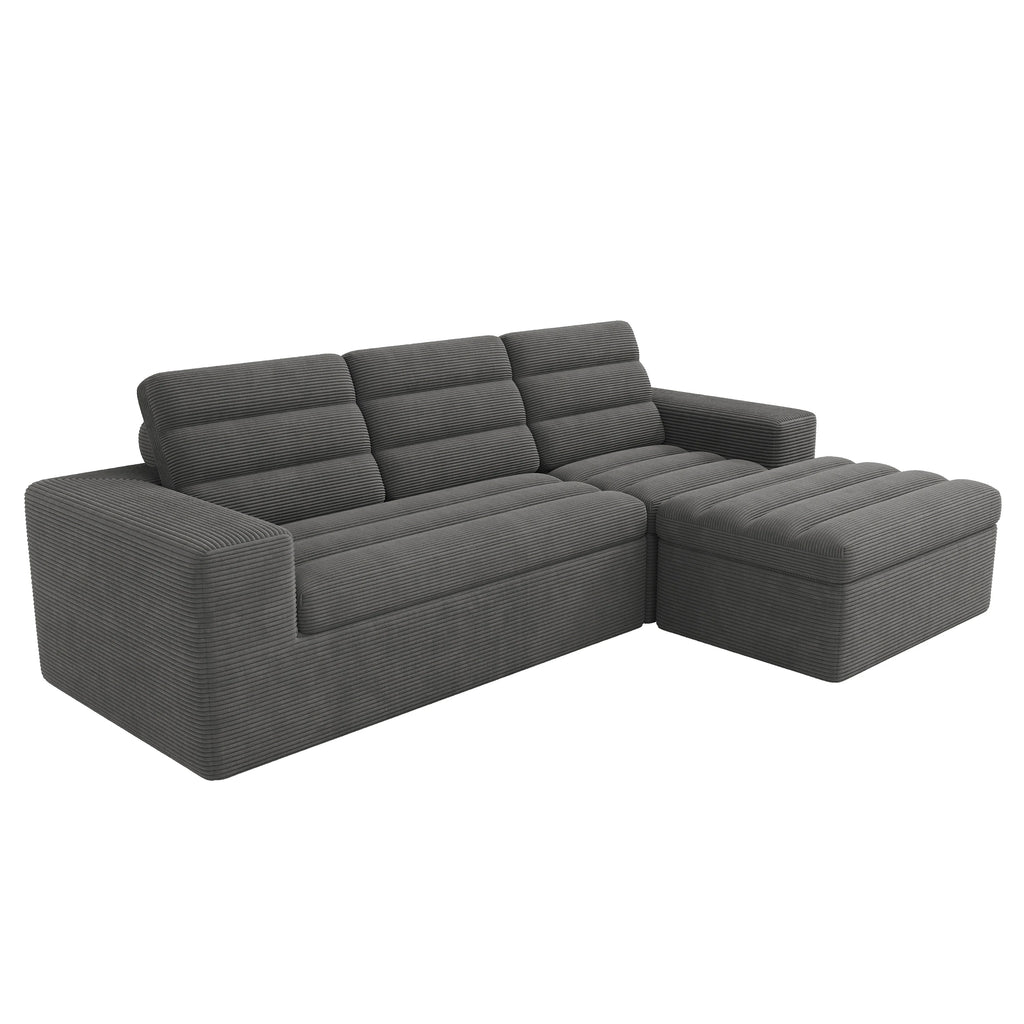 Canapé d’angle modulaire gris en velours côtelé avec pouf, sur fond blanc