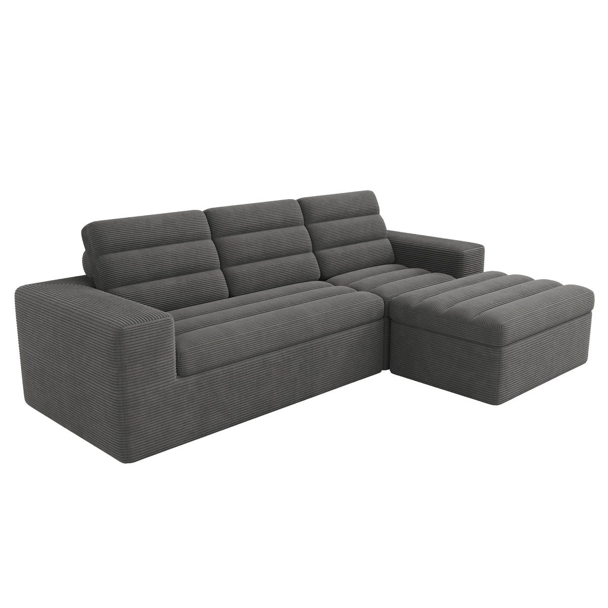 Canapé d’angle modulaire gris en velours côtelé avec pouf, sur fond blanc