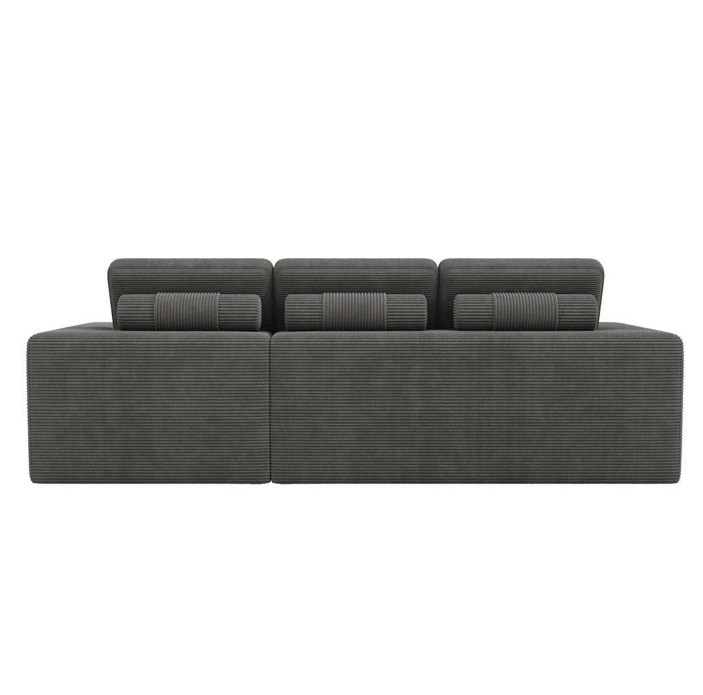 Canapé d’angle modulaire gris en velours côtelé avec pouf, vue arrière