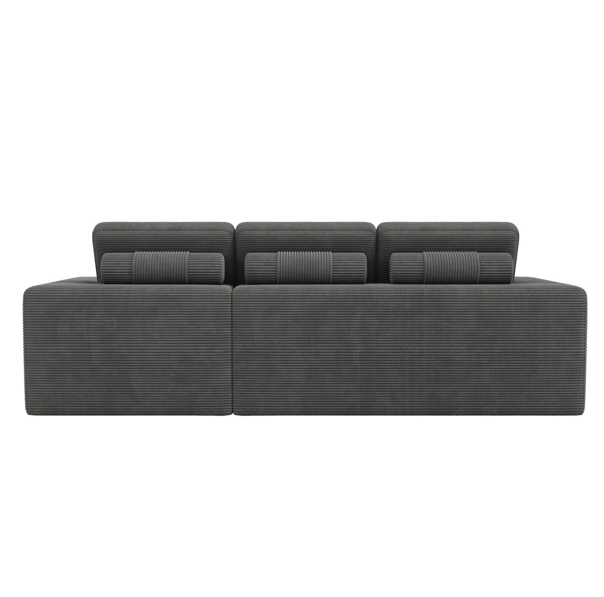 Canapé d’angle modulaire gris en velours côtelé avec pouf, vue arrière