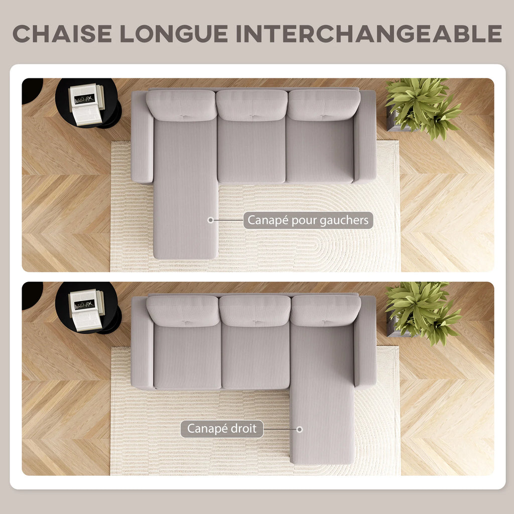 Canapé d’angle réversible en velours côtelé gris, configurations avec angle à gauche et à droite