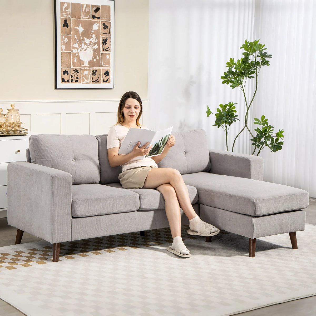 Canapé d'angle réversible en velours côtelé, 192 cm, pieds bois