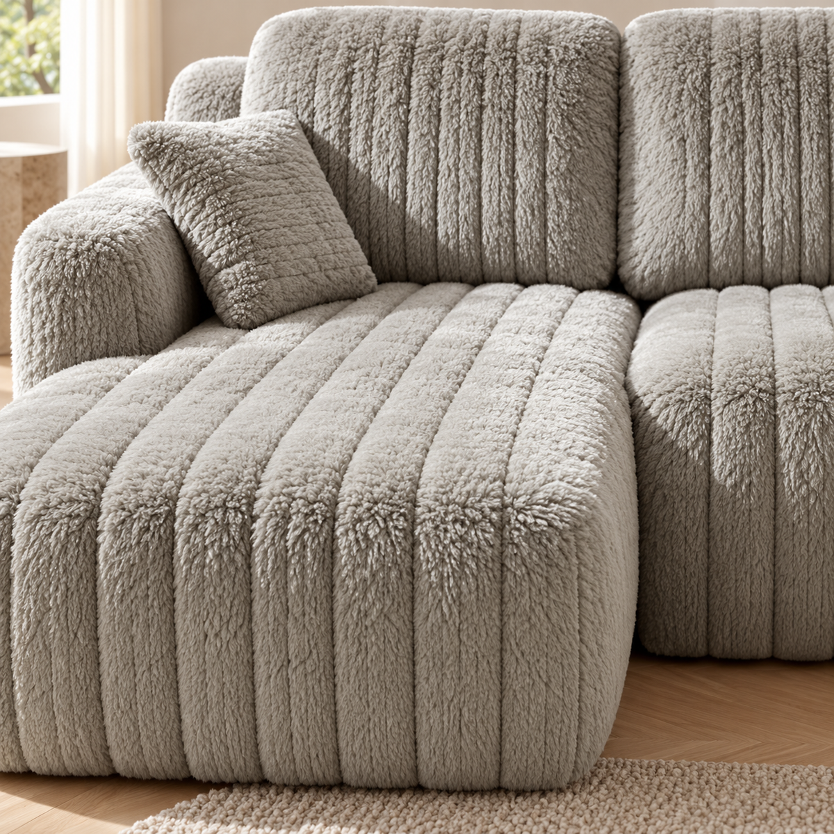 Canapé d’angle à chaise longue en tissu côtelé, gris, gros plan du revêtement et des finitions