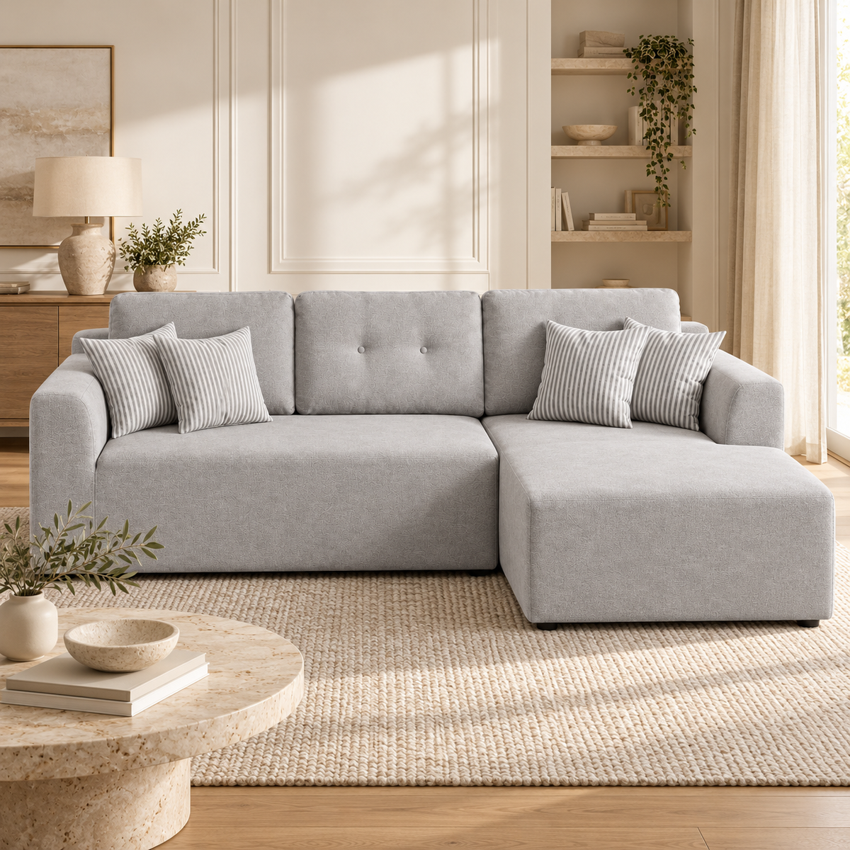 Canapé d’angle en tissu gris, autre angle dans un salon lumineux