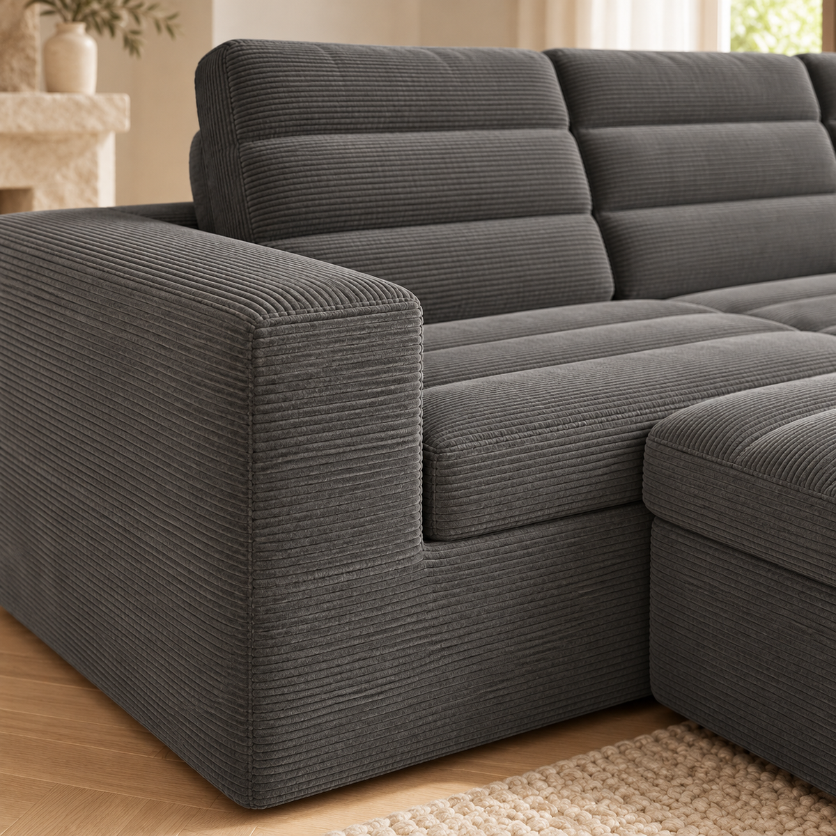 Canapé d’angle modulaire gris en velours côtelé avec pouf, gros plan du revêtement et des finitions