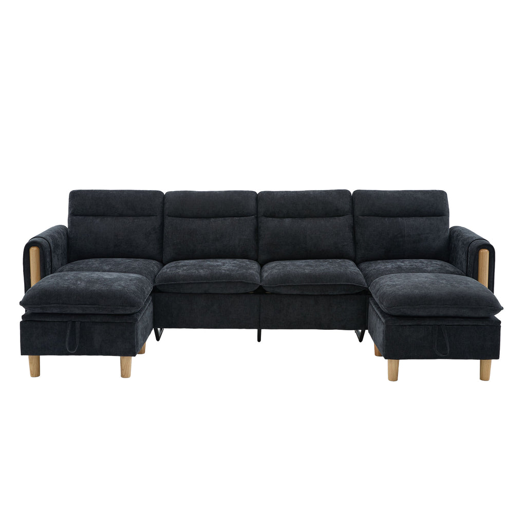 Canapé modulaire quatre places avec deux poufs coffres, vue de face en configuration en U