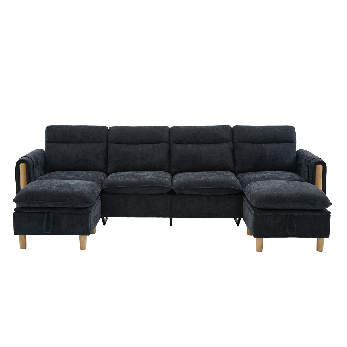 Canapé modulaire quatre places avec deux poufs coffres, vue de face en configuration en U
