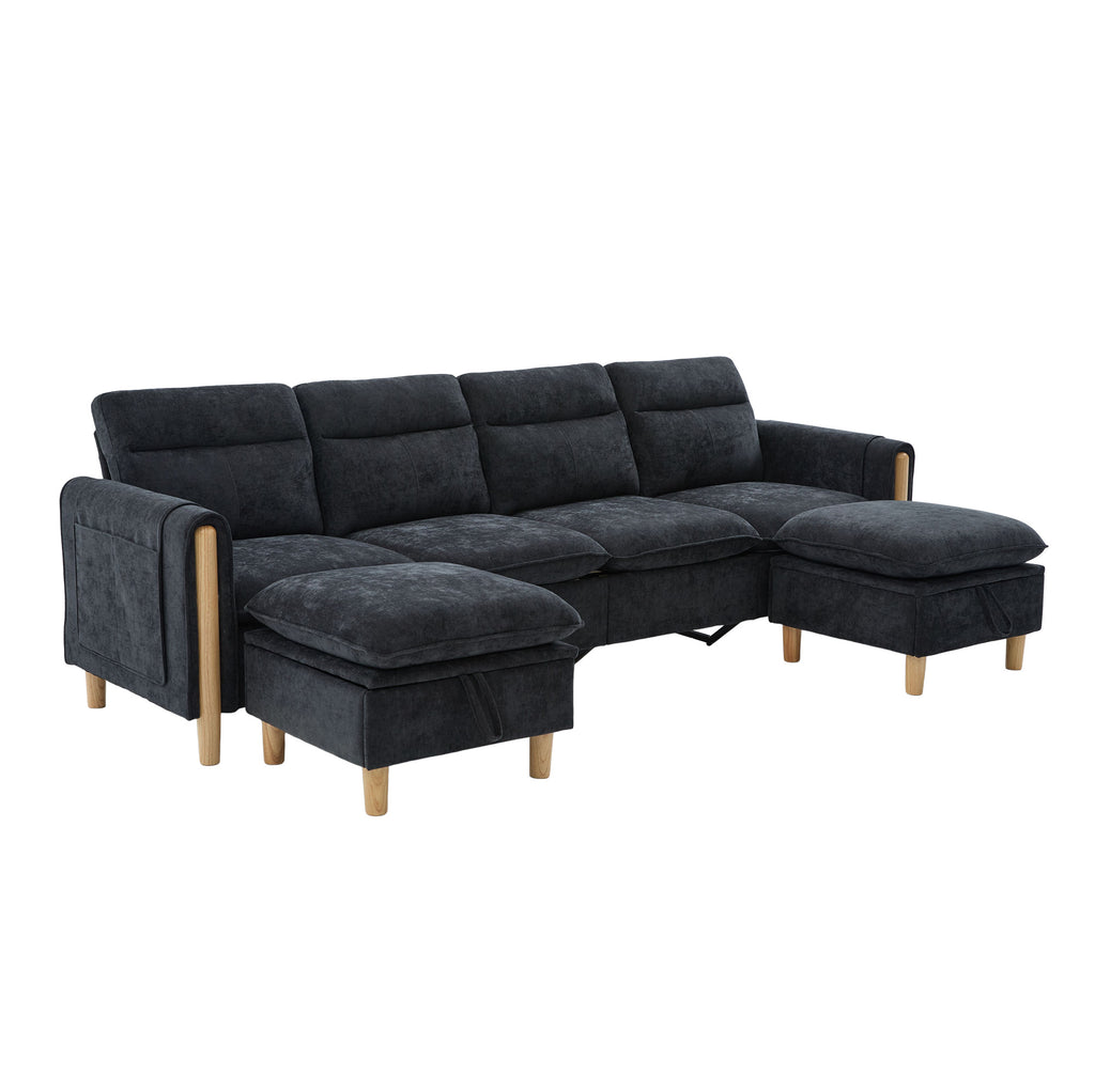 Canapé modulable avec deux poufs coffres, disposition avec un pouf à droite