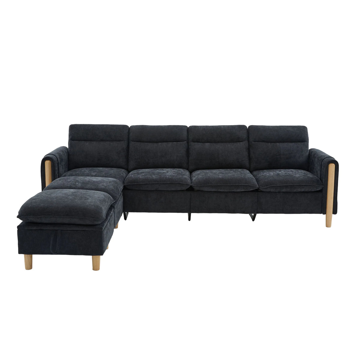 Canapé modulable avec deux poufs coffres, disposition avec un pouf à gauche