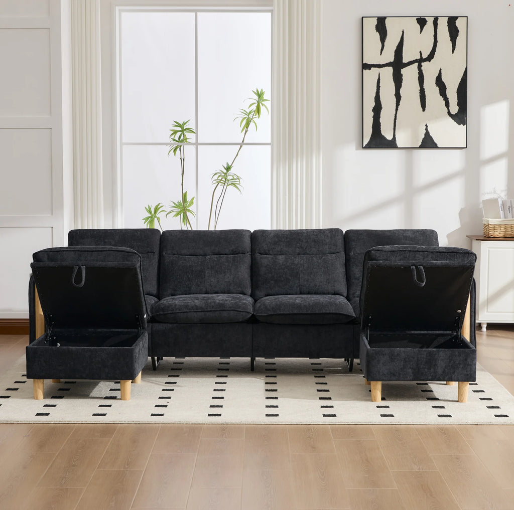 Canapé modulable avec deux poufs coffres, deux poufs coffres ouverts dans un salon