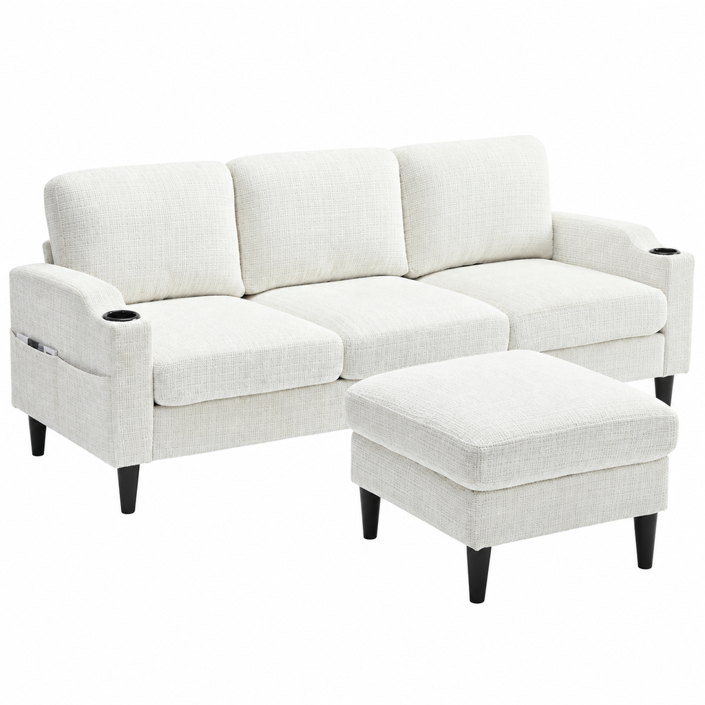 Canapé en tissu avec porte-gobelets et pouf coffre, blanc, vue sur fond blanc