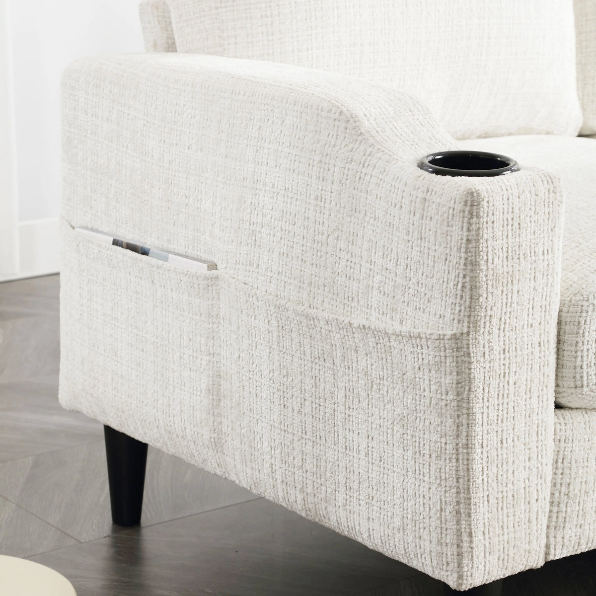 Canapé en tissu avec porte-gobelets et pouf coffre, blanc, détail de la poche latérale