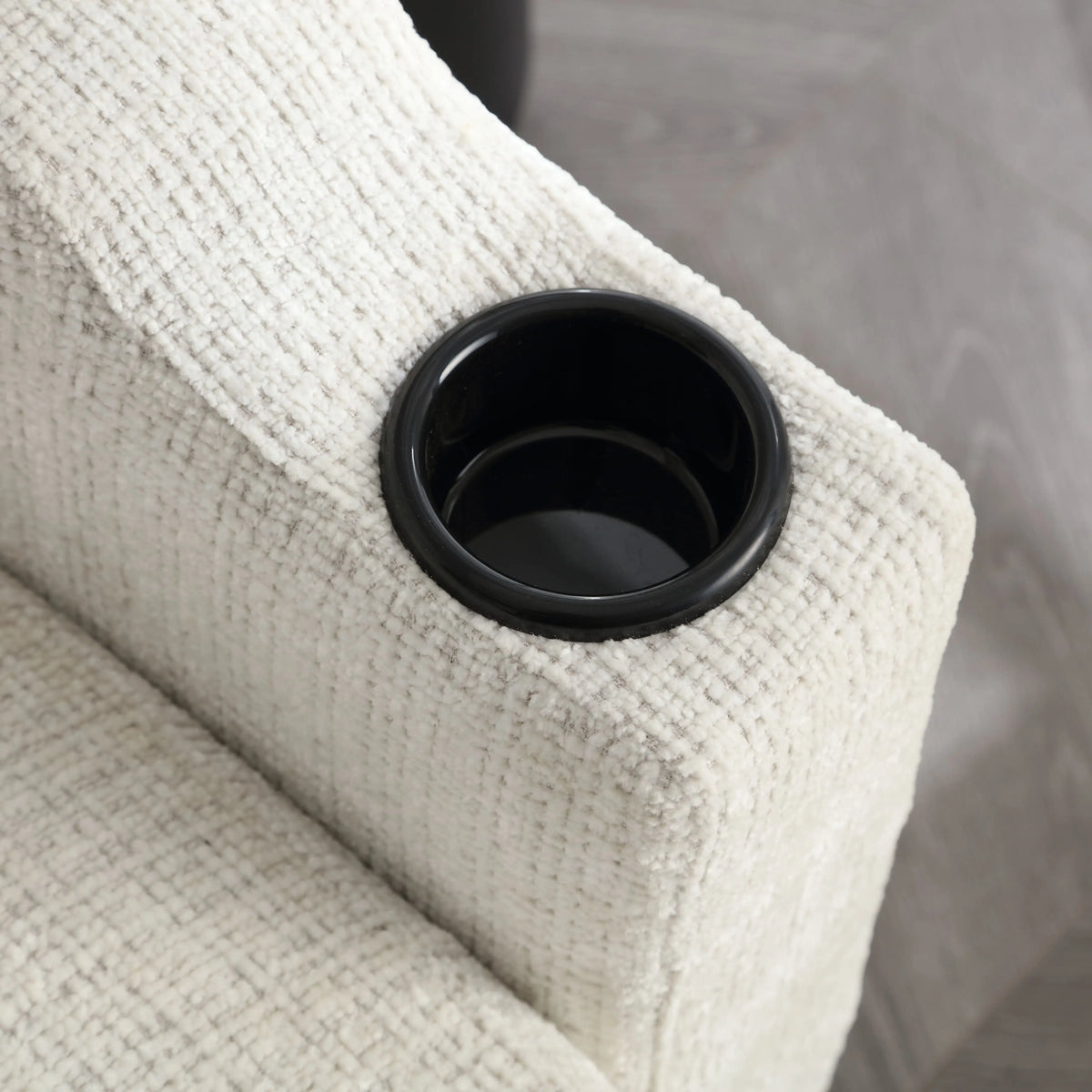Canapé en tissu avec porte-gobelets et pouf coffre, blanc, détail des porte-gobelets