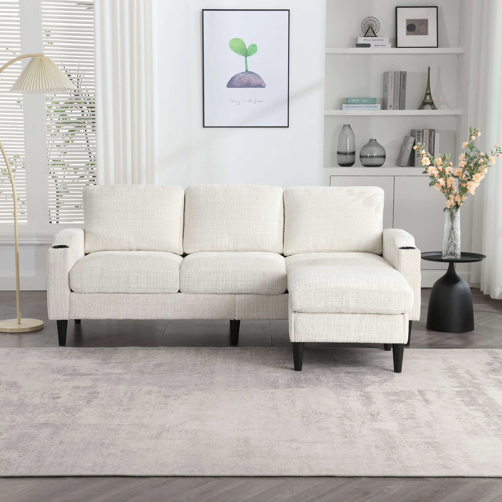 Canapé en tissu avec porte-gobelets et pouf coffre, blanc, pouf placé dans le prolongement de l’assise