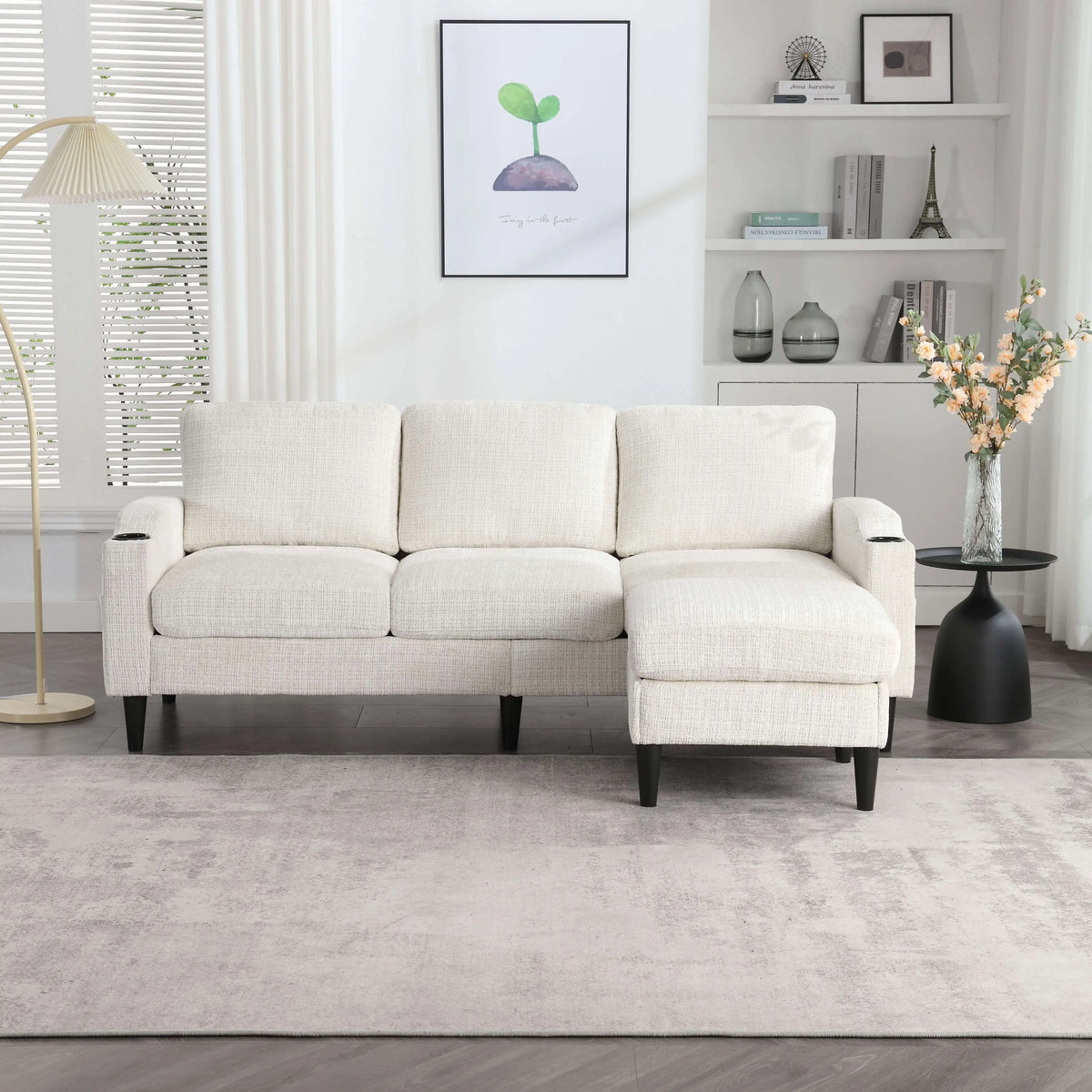 Canapé en tissu avec porte-gobelets et pouf coffre, blanc, pouf placé dans le prolongement de l’assise