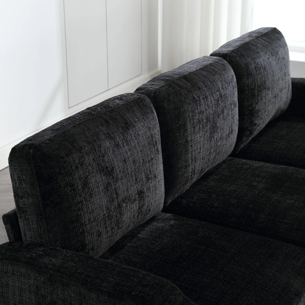 Canapé en tissu avec porte-gobelets et pouf coffre, noir, détail du dossier et des accoudoirs