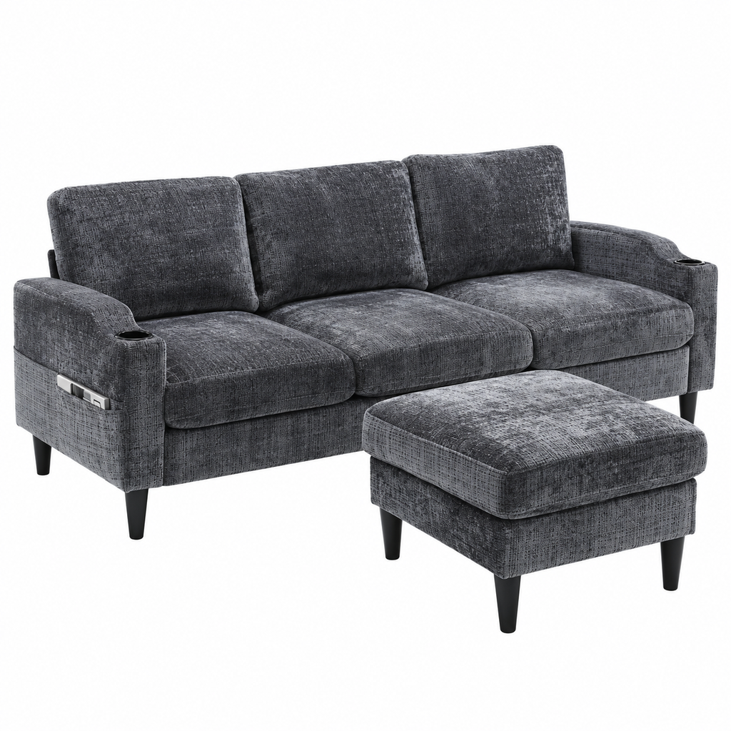Canapé en tissu avec porte-gobelets et pouf coffre, gris foncé, vue sur fond blanc